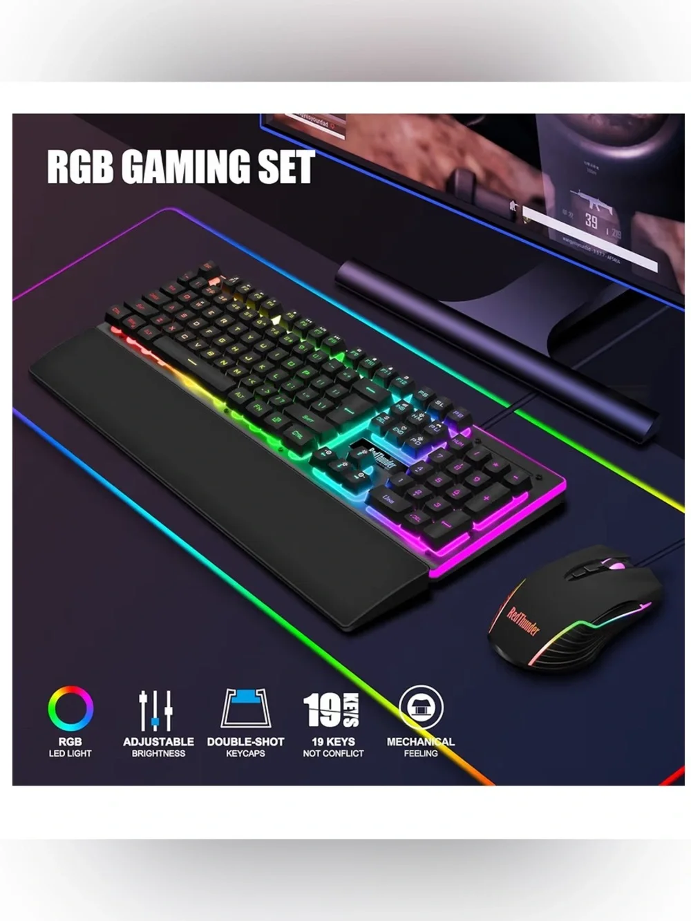 RedThunder K10 Wired Gaming Keyboard & Mouse Combo with Wrist Rest – Black